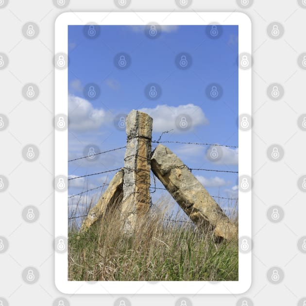Kansas Limestone Corner Post with Prairie grass and blue sky and white cloud's. Sticker by ROBERTDBROZEK